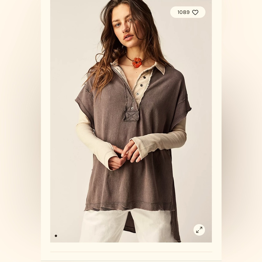 Free People Brown and Cream Double Layer top with waffle sleeves